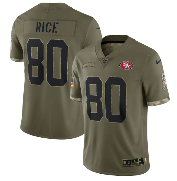 Men's San Francisco 49ers #80 Jerry Rice Olive 2022 Salute To Service Limited Stitched Jersey